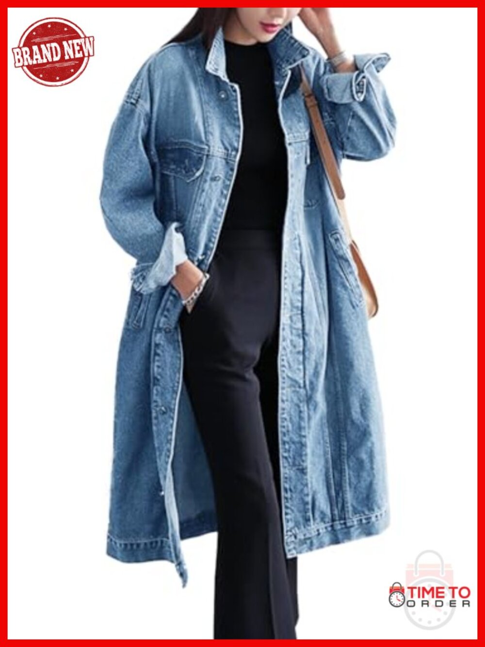 Long Denim Trench Coat Plus Size Button Down Jean Jacket Overknee Lightweight